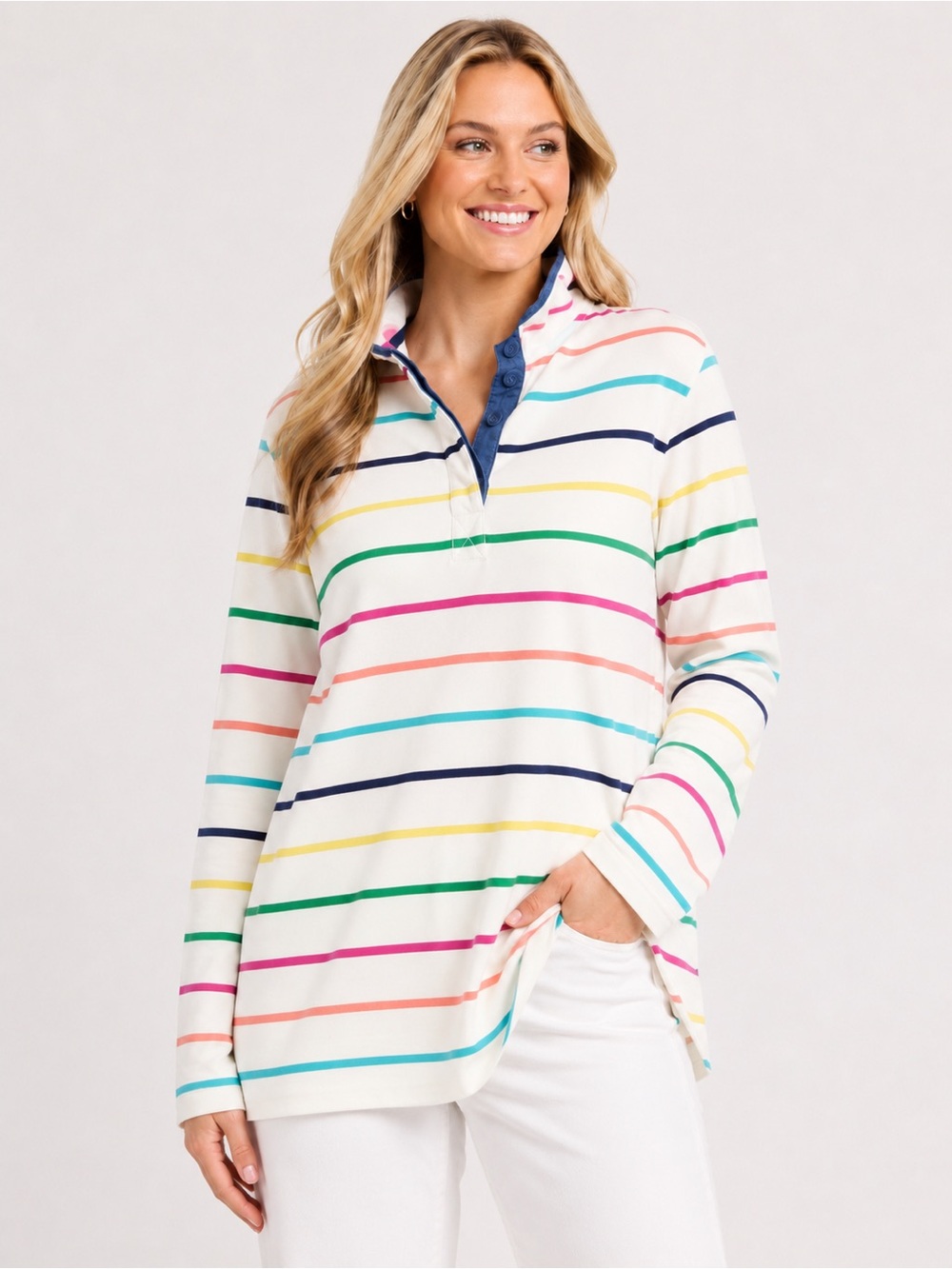 Crown & Ivy Multicolor Striped Quarter Button Pullover Top Medium